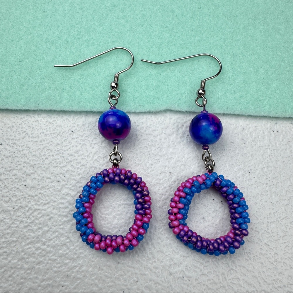 Handmade Beaded Hoop Drop Earrings Purple Blue Pink Marbled Bead Silver Tone